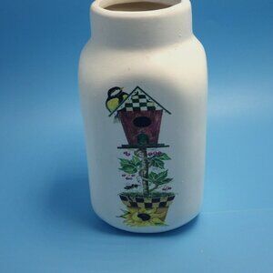 Hand Painted Ceramic Vase Birdhouse Garden Design Cottage Farmhouse Milk White